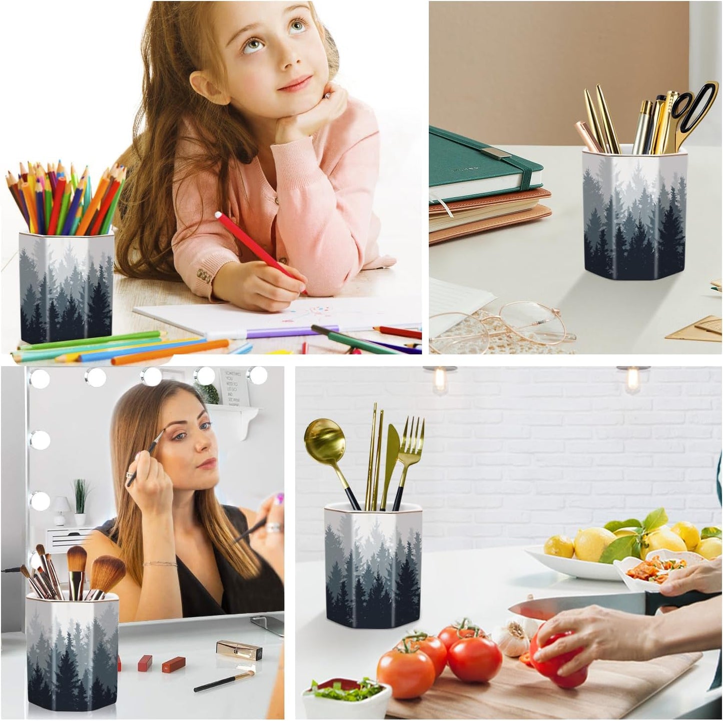 WAVEYU Ceramic Pen Holder for Desk Cute, Pencil Cup Pot Desk Organizer, Makeup Brush Holder for Women, Men, Kids, Desk Marble Decor for Office, Classroom, Home, Gray Golden