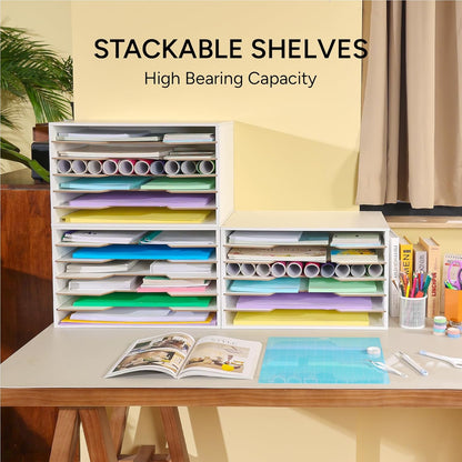 Yumkfoi 12x18 Construction Paper Organizer, 4-Tiers Paper Storage Shelf, Wooden Desk Organizer, File Holder and Letter Tray for Office, Home, Classroom