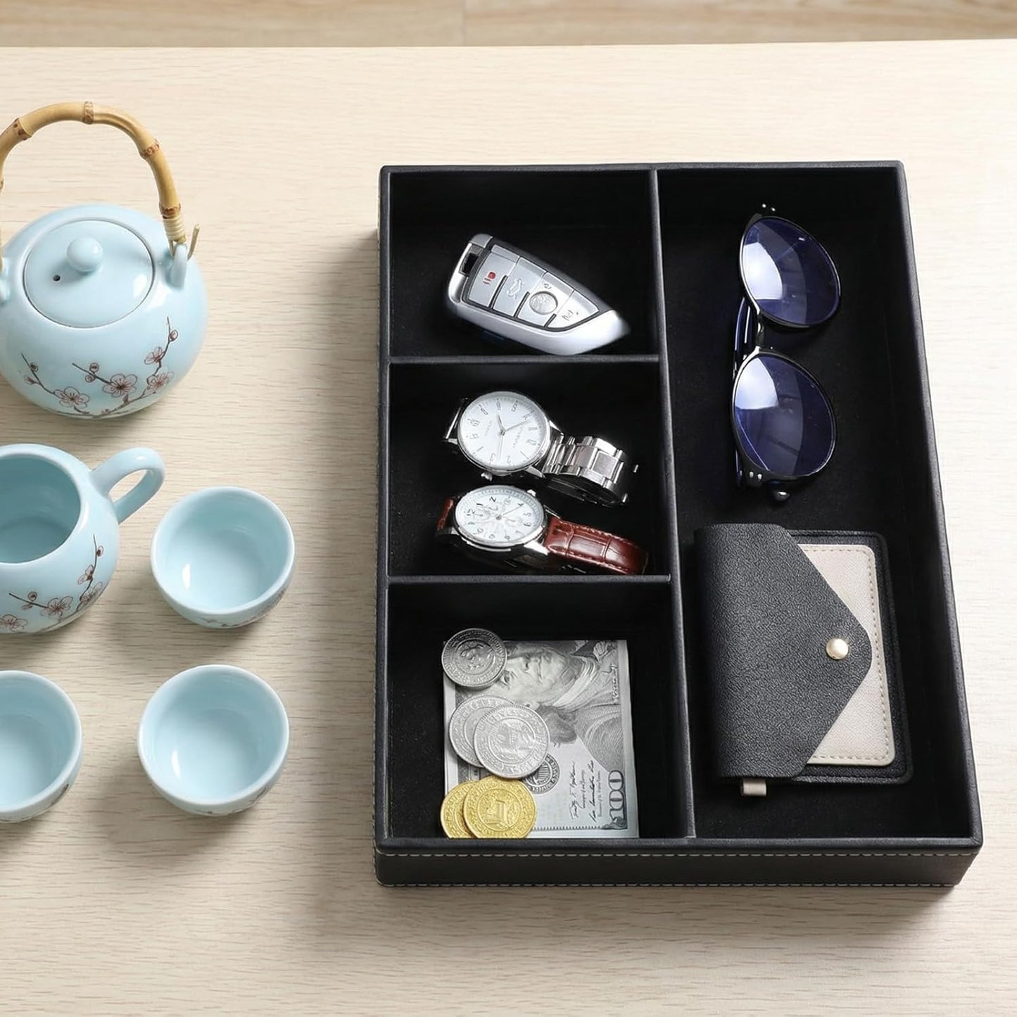 3 Pieces Faux Leather Valet Tray Set, Stackable Jewelry Organizer with Soft Lining, Dresser Storage Box for Nightstand, Key, Wallet, Watch, Phone, Sunglass, Coin, Black