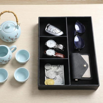 3 Pieces Faux Leather Valet Tray Set, Stackable Jewelry Organizer with Soft Lining, Dresser Storage Box for Nightstand, Key, Wallet, Watch, Phone, Sunglass, Coin, Black