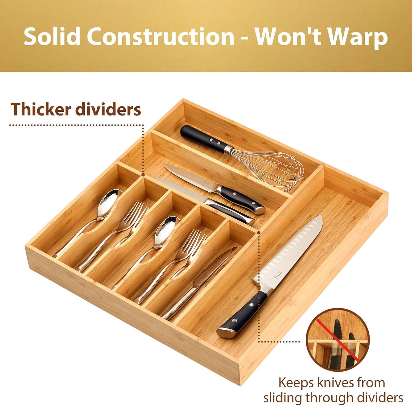 Umilife Bamboo Kitchen Drawer Organizer, 13 Inch Silverware Utensil Tray Holder, Extra Deep Grooved Drawer Divider, 7 Slots Total Bamboo Wood Caddy for Flatware Cutlery Knives, Forks, Spoons