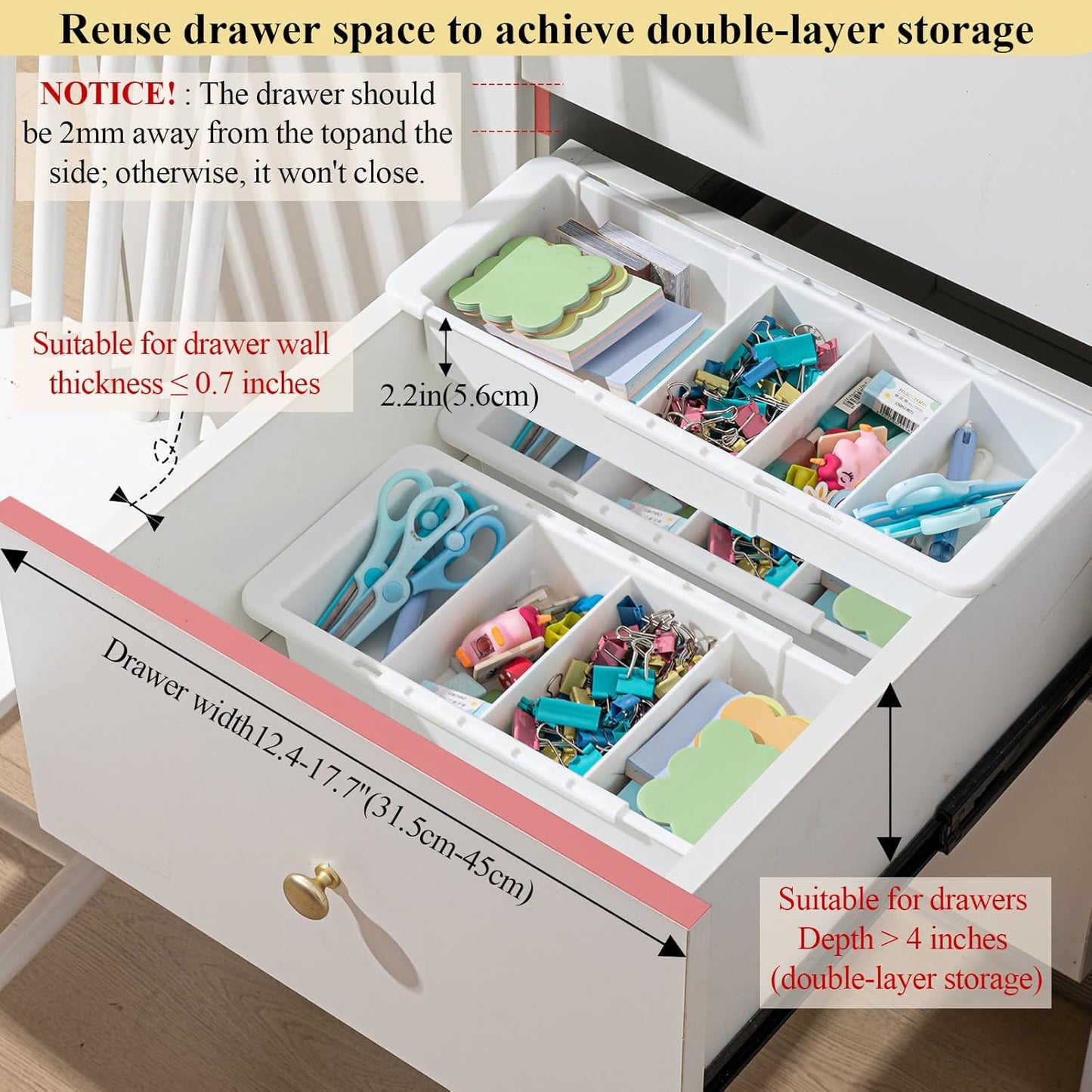 3 Pcs Expandable Drawer Organizer Bins Adjustable Deep Drawer Hanging Organizer Tray Expandable 11.4 to 18.1 Inches Plastic Dividers Storage for Office Bathroom Bedroom Kitchen Desk, White