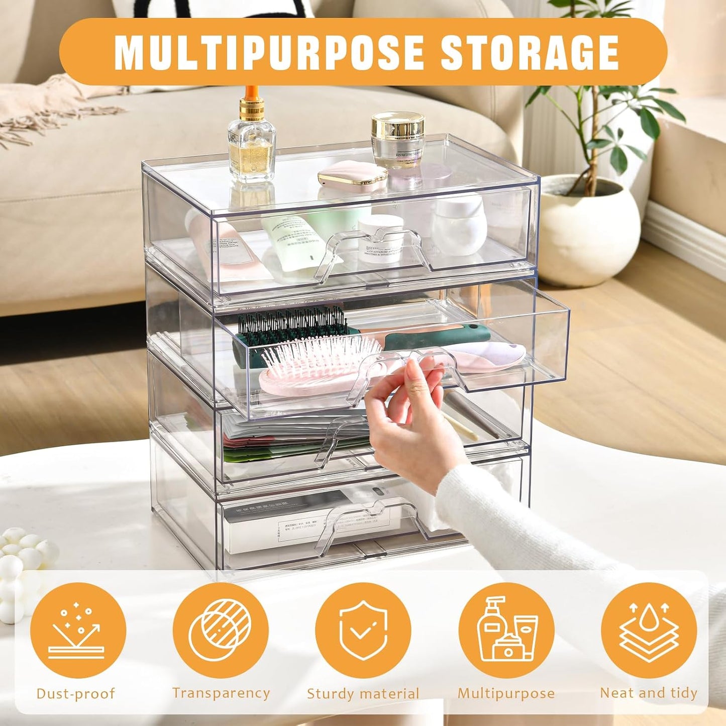 Stebopum 6 Pack Stackable Makeup Organizer, 4.4'' Tall Acrylic Bathroom Makeup Organizer and Storage Drawer with Pull-out Handle, Clear Plastic Storage Bins for Vanity,Pantry,Desk,Undersink,Kitchen