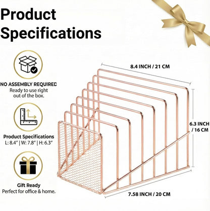 Simmer Stone Rose Gold Desk Organizer 7 Slot Inclined Vertical File Folder Holder Sorter with Mesh Front – Metal Wire Rack for Mail, Slim Binders, Books Office Organization & Desktop Accessories