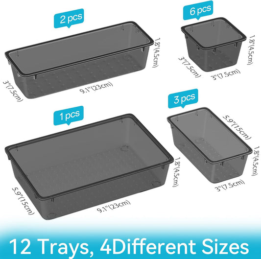ElegantArray 12 PCS Drawer Organizer Set, 4 Sizes Tool Storage Trays, Clear Plastic Makeup Vanity Organizer and Storage Bins for Makeup, Stationeries, Multiple Gadgets for Bathroom, Office, Bedroom