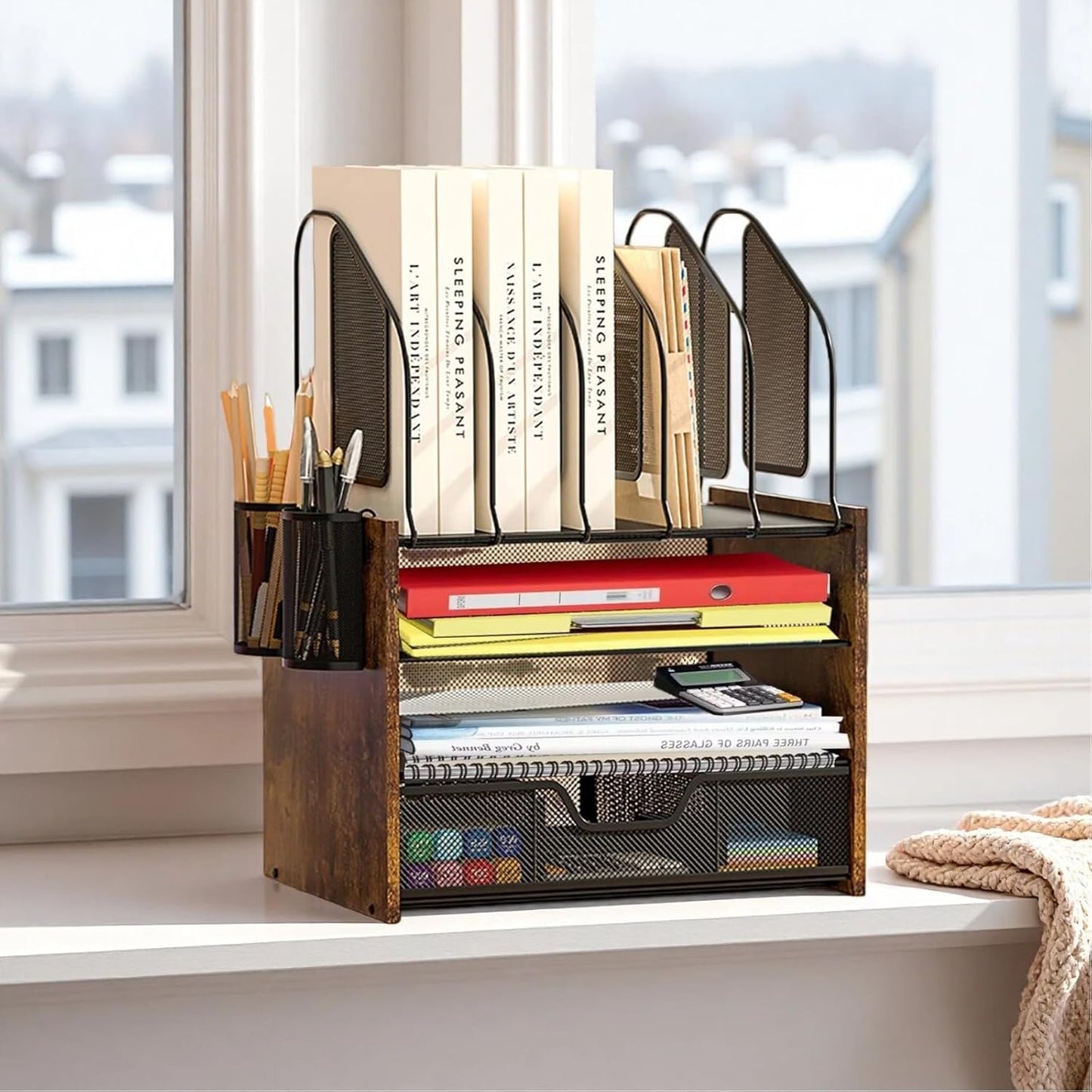 Wood Desk Organizer - 3-Tier Desktop File Organizer with Drawer, Wooden Paper Tray, Office Desk Organzier and Accessories for Papers, Mail, Notebooks, Stationery