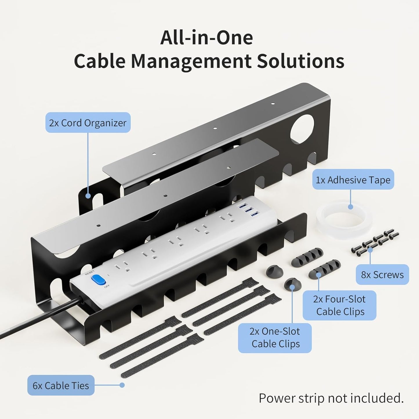 Delamu 2 Pack Metal Under Desk Cable Management Tray, U Channel Cord Organizer Box, Office Under Desk Cord Organizers, Cable Management with Various Accessories, Black, 15.75 Inches