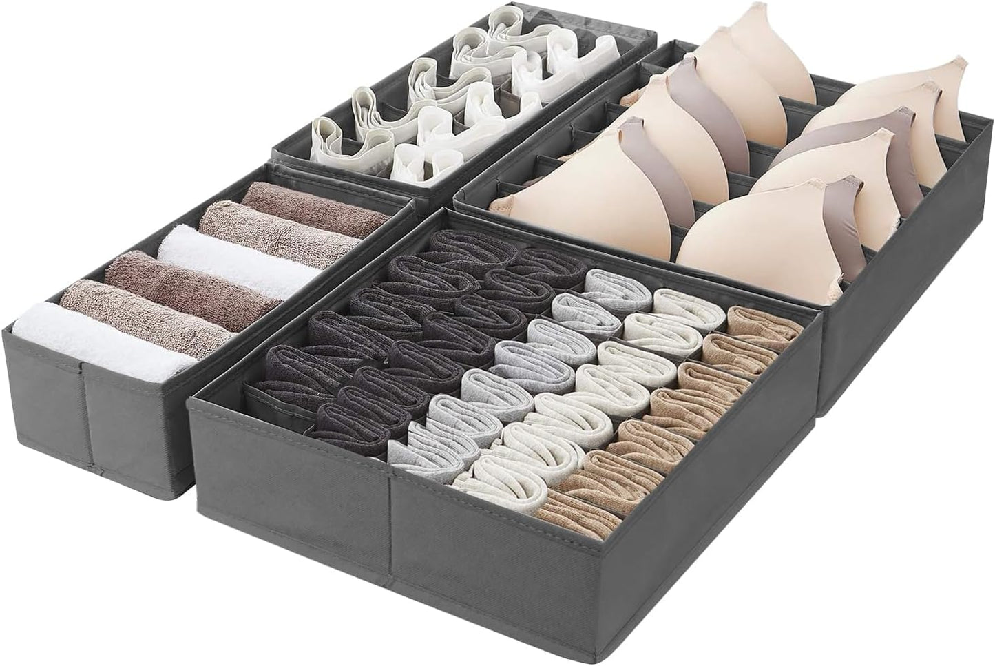 Amazon Basics Collapsible Cloth Drawer Organizer Boxes for Socks, Underwear and Baby Clothes, Storage Bins, Gray, Set of 6