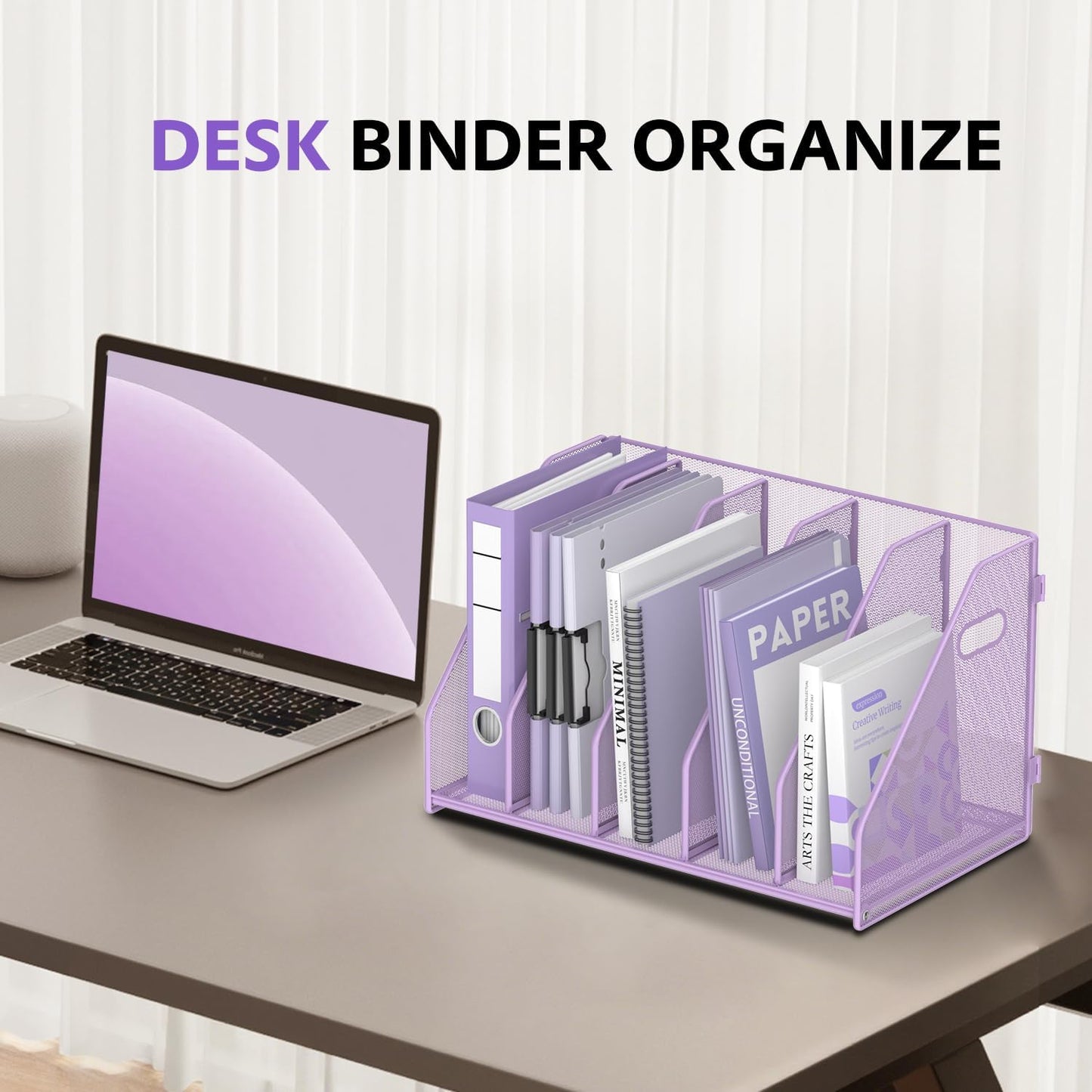 SUPEASY Binder Organizer, Magazine File Holder with 5 Vertical Compartments Rack, Metal Desk File Organizer & Binder Holders, Magazine Organizers for Office Desktop, Home, School, Classroom (Black)