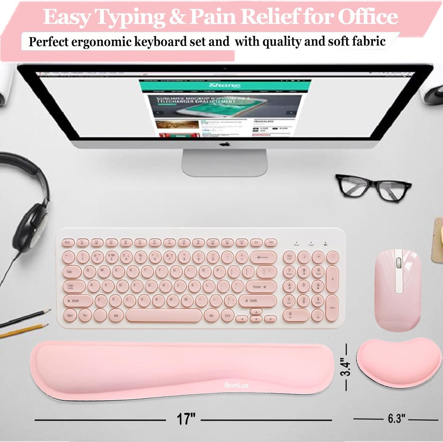 BamLue Upgrade Silky and Superfine Fabric Keyboard Wrist Rest, Gel Mouse Wrist Pillow Pad Set for Easy Typing & Pain Relief for Laptop, Office & Home, Ergonomic Sets for Keyboard-Pink