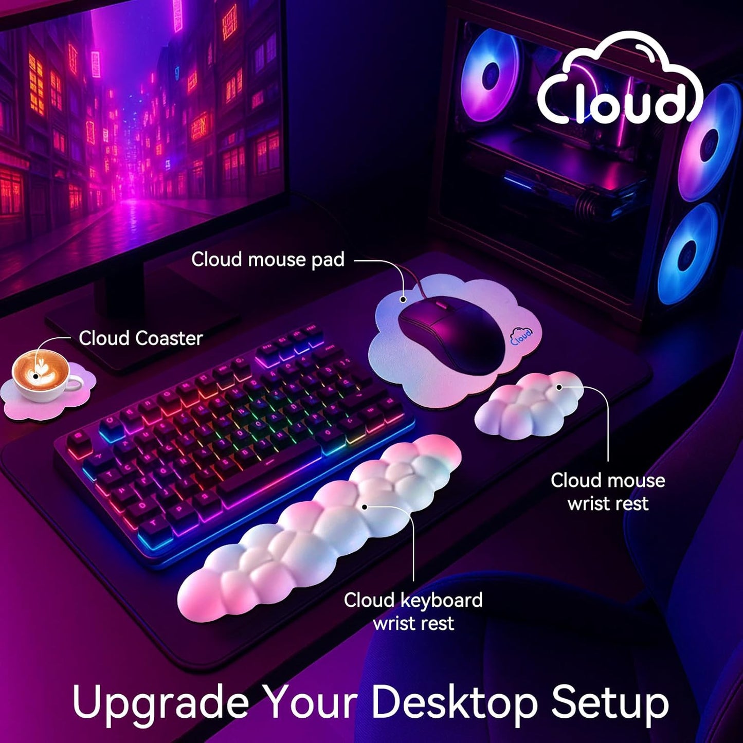Sushret Cloud Wrist Rest for Computer Keyboard, 4-in-1 Memory Foam Leather Cloud Keyboard Wrist Rest and Mouse Pad Set with Ergonomic Support for Arm and Palm Cushion, Gaming/Work Setup, Rainbow