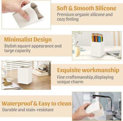 Pen Holder for Desk,Nordic Elegance Square Silicone Pencil Holder Soft Minimalist Desk Pen Cup Stand Waterproof Multifunctional Office Supplies for Home,Kids and School(Grey)