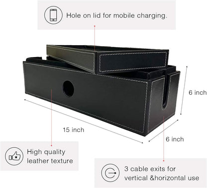 NEET Cable Management Box Large, Computer Cord Organizer, Hide and Conceal, Power Cable Organizer, Computers and Desks, Black Stitched Leather