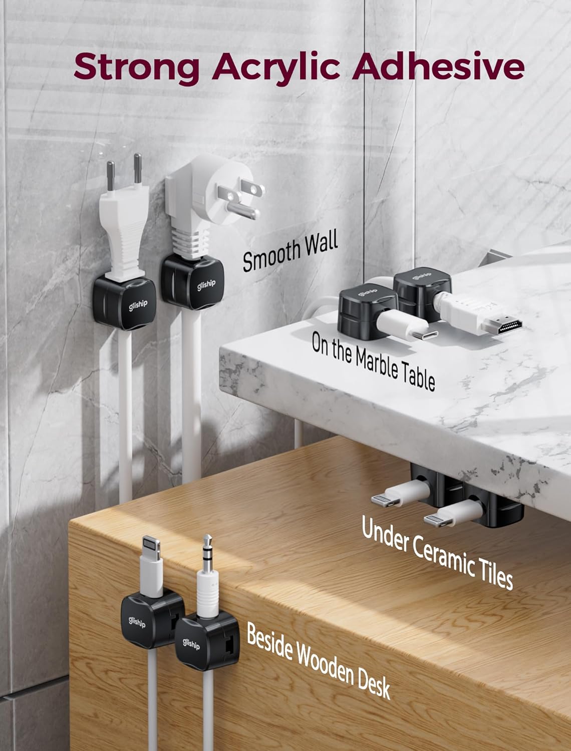 6-Pack Magnetic Cable Clips - Cell Phone Cord Holder for Nightstand, Mini Cube Cord Holder with 6 Extra Strong Adhesive Pads, USB Cable Magnetic Clip for Office Desk Home