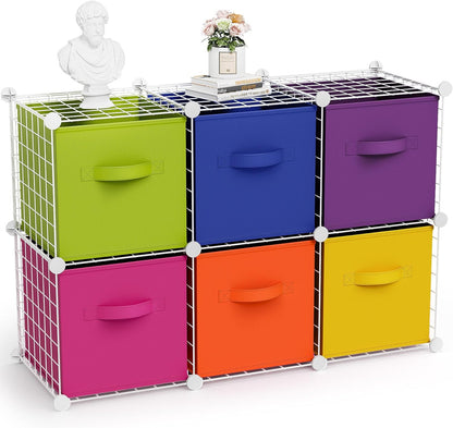 Leinuosen 6 Cube Storage Organizer with Fabric Bins, Wire Grid Stackable Shelves, Modular Storage Units for Bedroom Living Room Office Toys Book Craft(Black,Gray)