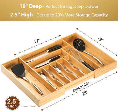 Umilife Bamboo Kitchen Drawer Organizer, 13 Inch Silverware Utensil Tray Holder, Extra Deep Grooved Drawer Divider, 7 Slots Total Bamboo Wood Caddy for Flatware Cutlery Knives, Forks, Spoons