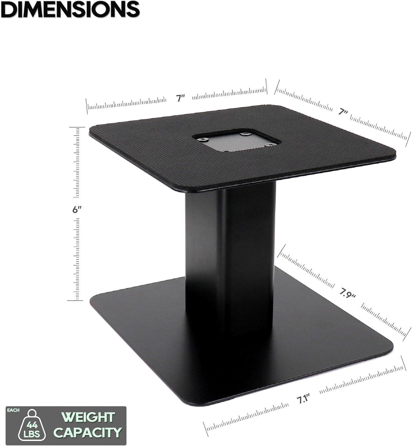Desktop Speaker Stands Pair, Heavy Duty 7”x 7” Metal Tray, Sturdy Flat Base for 4" to 7" Monitor & Bookshelf Speakers, Compact Monitor Speaker Stand Riser for Home/Studio Speakers, 6" Tall/Black