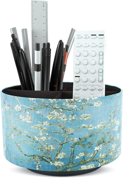 Hennaja Round Leather Art Supply Organizer,Remote Control Holder,360 Degree Rotating,Multi-Functional Pencil Holder,4 Compartments Desktop Stationary Organizer(1-Blue Bird) - Colors C