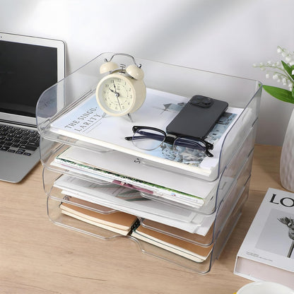 4 Pack Paper Organizer Letter Tray Clear Desk Organizer, Clear PET Desk Rrganizer for Magazines, Binders, Notebooks, Envelopes, Multi-Purpose Plastic Paper Tray Organizer