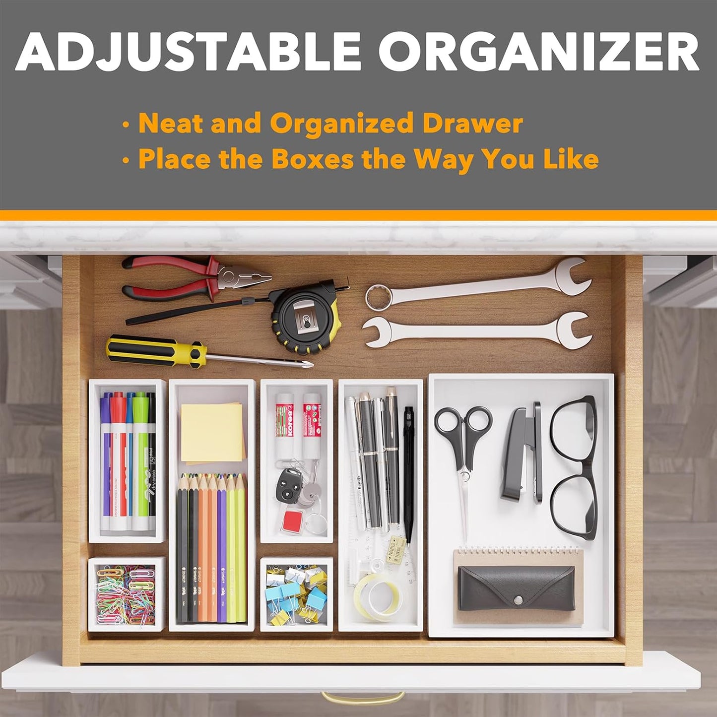 SpaceAid 7-Piece Bamboo Drawer Organizer Storage Boxes Set, Wood Tray Junk Drawer Organizers Multi-Use Divider Bins for Kitchen, Bathroom, Office Desk and Makeup Organization (7 Pack, Natural)