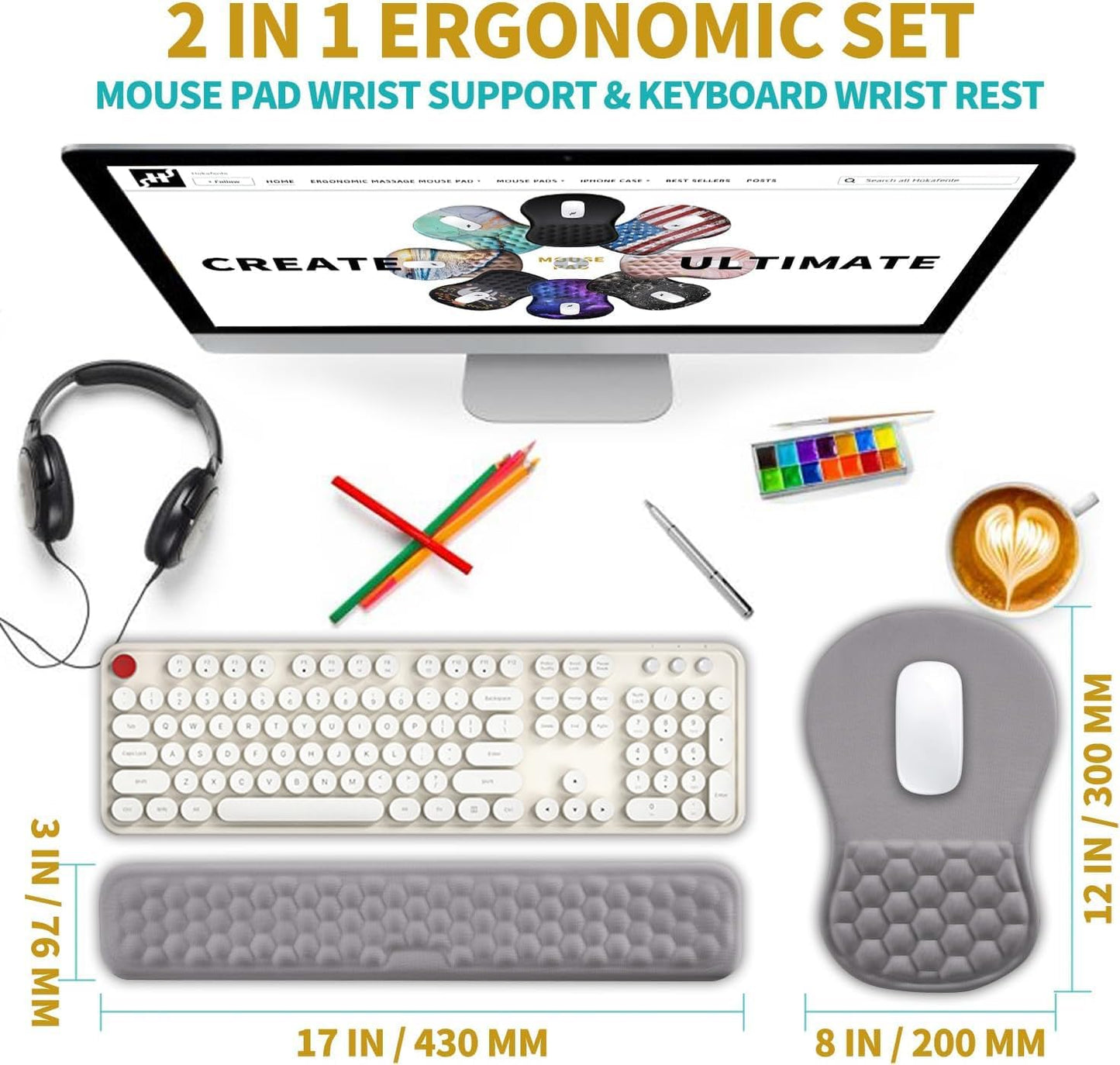 Hokafenle 2 in 1 Ergonomic Mouse Pad Wrist Support & Wrist Rest for Computer Keyboard Set, with Relieve Carpal Tunnel Pain Massage Bulge and Full Memory Gel Design (2In1 Set, Light Green)