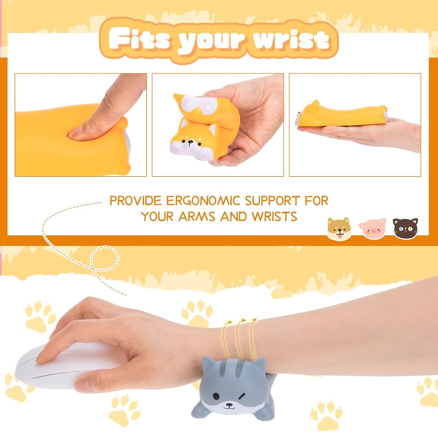 3 Pcs Cute Wrist Rest Support for Mouse Keyboard Computer Kawaii Mouse Pad Cat Pig Dog Animal Design Computer Arm Rest Cushion Mat for Laptop Desk Office Supplies