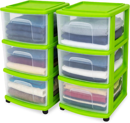 HOMZ Drawer Tower, 3-Tier Rolling Storage Cart with Removable Wheels, White Frame – Plastic Organizer with Clear Bin Drawers for Bedroom, Bathroom, Home Office, and Dorm Room