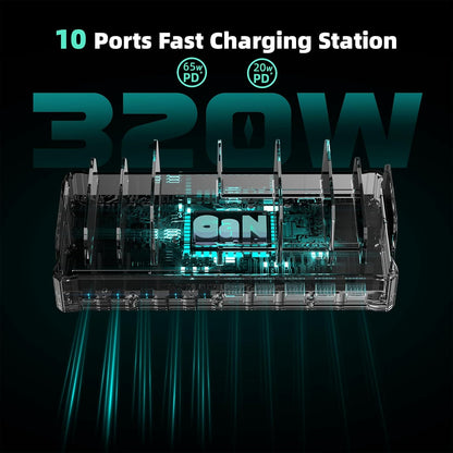 420W Charging Station for Multiple Devices, Zobirez 10-Port USB C Fast Charger Stations for MacBook, iPhone, Android Cell Phone, iPad, Tablet, Family Multi-Device Organizer Charging Dock, Black