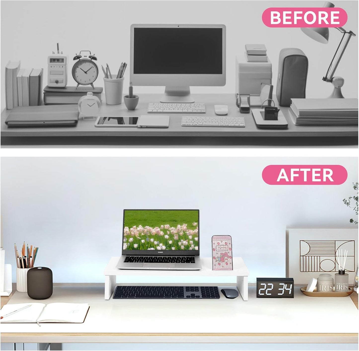 Qupui Computer Monitor Stand Riser with Drawer and Pen Holders, Desk Organizer Shelf and Accessories, Office Desk Accessories, Office Organization, Black