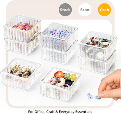 Clear Stackable Desk Organizer & Paper Clip Holder, 4 Pack - Small Desktop & Drawer Organizers for Paperclips, Binder Clips, Hair Ties, Jewelry, Pins, Multi-Purpose Storage for Office, Home & School