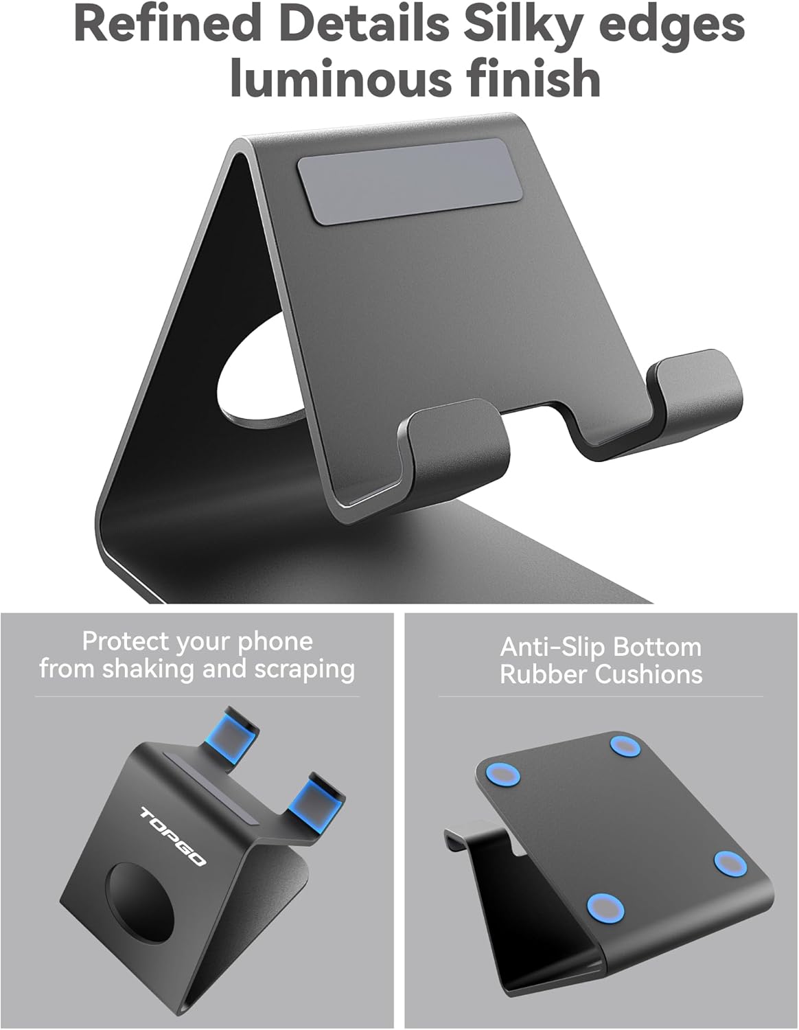 TOPGO 2 Pack Cell Phone Stand, Phone Dock, Cradle, Holder, Aluminum Desktop Phone Stand with Cable Collective for Office Desk, Bedside Table Compatible with iPhone 17 16 15 14 13 12 Pro Max - Black