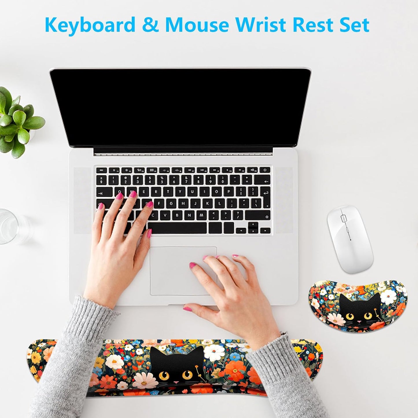 Dapesuom Enlarge Keyboard Wrist Rest, Memory Foam Wrist Cushion for Desk Mats Support, Cute Pain Relief Keyboard Mouse Pad Rests Set with Non-Slip Base for Gaming Laptop Office Computer, Green Leaf