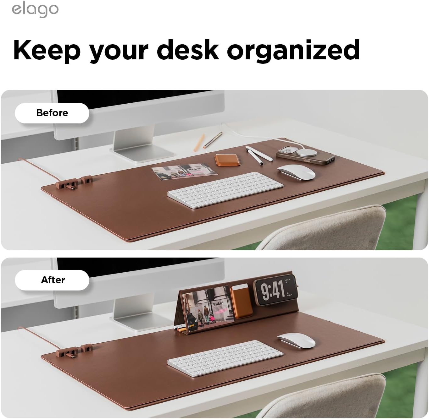 elago Smart Magnetic Desk Mat Folio Board Compatible with All Magnetic Products Clean Organized Desk for Office and Home (Microfiber Leather-Stone)