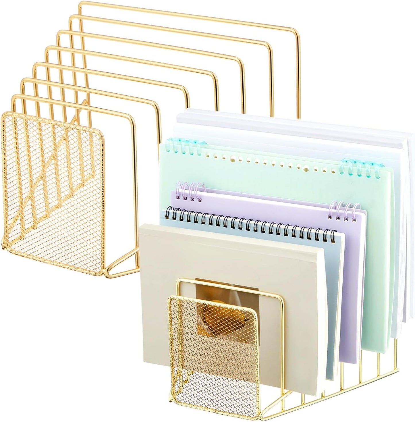 2 Pcs 7 Section Wire File Organizer for Desk, Metal Mesh Incline File Holder, Letter & Magazine Folder Rack, Desktop Paper Sorter for Home Office School (Golden)