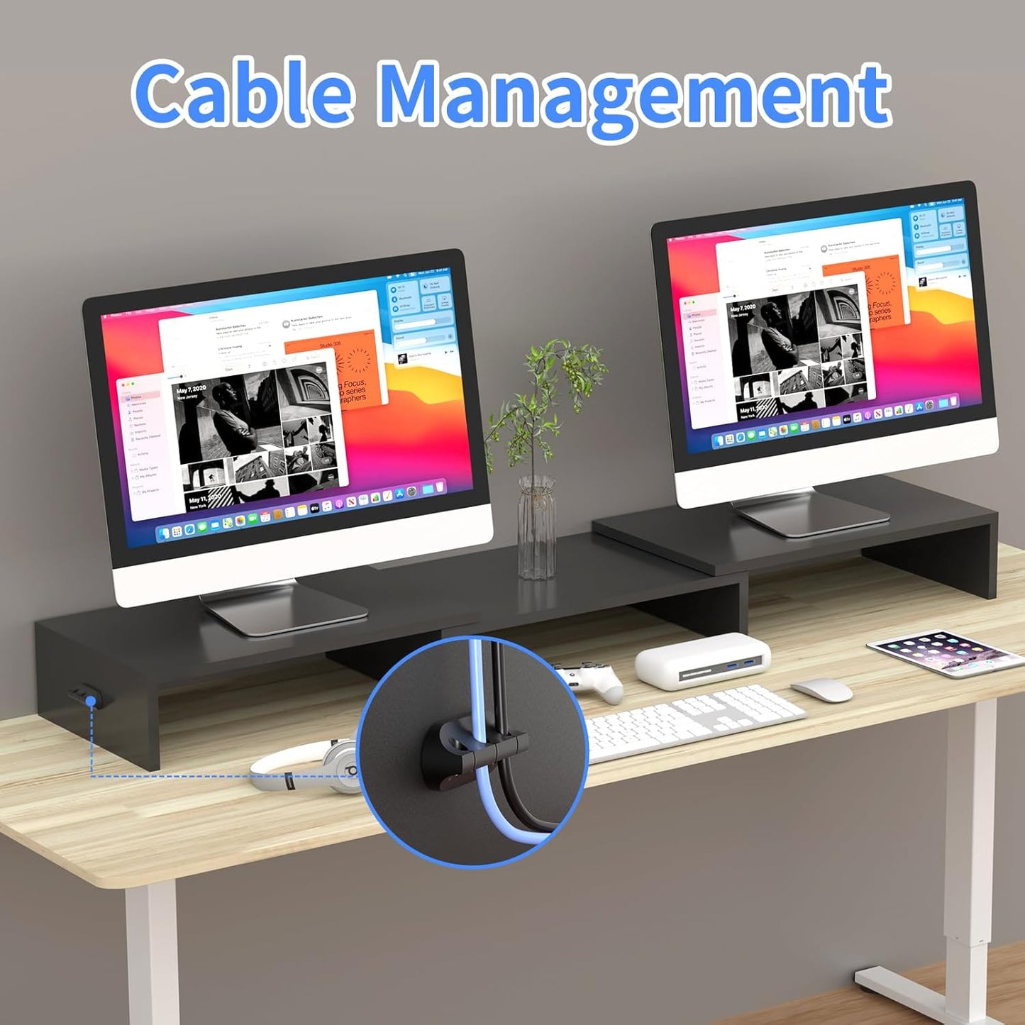 Pholiten Monitor Stand Riser, Desktop Stand, Computer Stand, Ergonomic Design, Two-Level Design, Desktop Organization, Keyboard Smartphone Storage, Printer Stand, Display Stand, 16.5 x 9.3 x 5.6