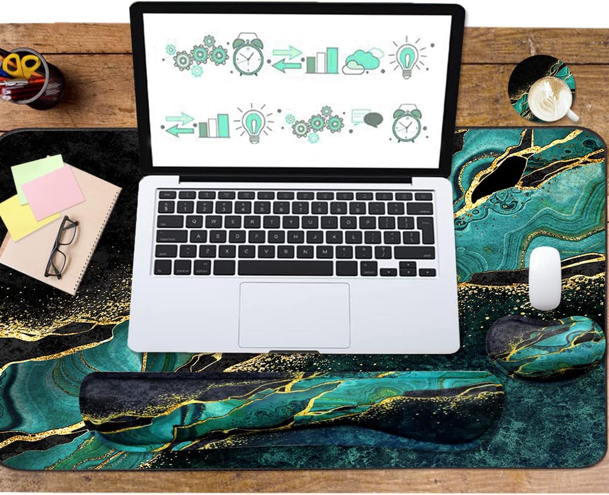 4-in-1 Large Gaming Mouse Pad, Keyboard Wrist Rest Pad & Wrist Support Mousepad Set, Extended Desk Pad Waterproof Desk Mat for Home Office Study Game-Black