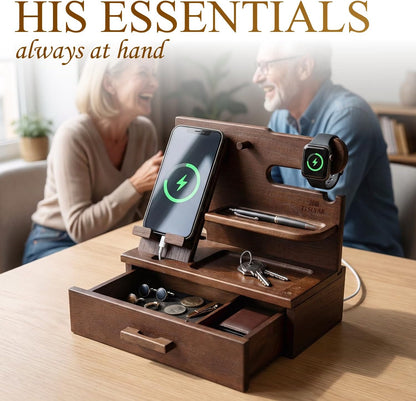 TESLYAR Wood Phone Docking Station with Drawer - Nightstand Organizer - Desk Organizer for Husband - Birthday Gifts for Men, Dad, Anniversary Idea, Key Holder Stand Watch & Accessories (Antique Brown)