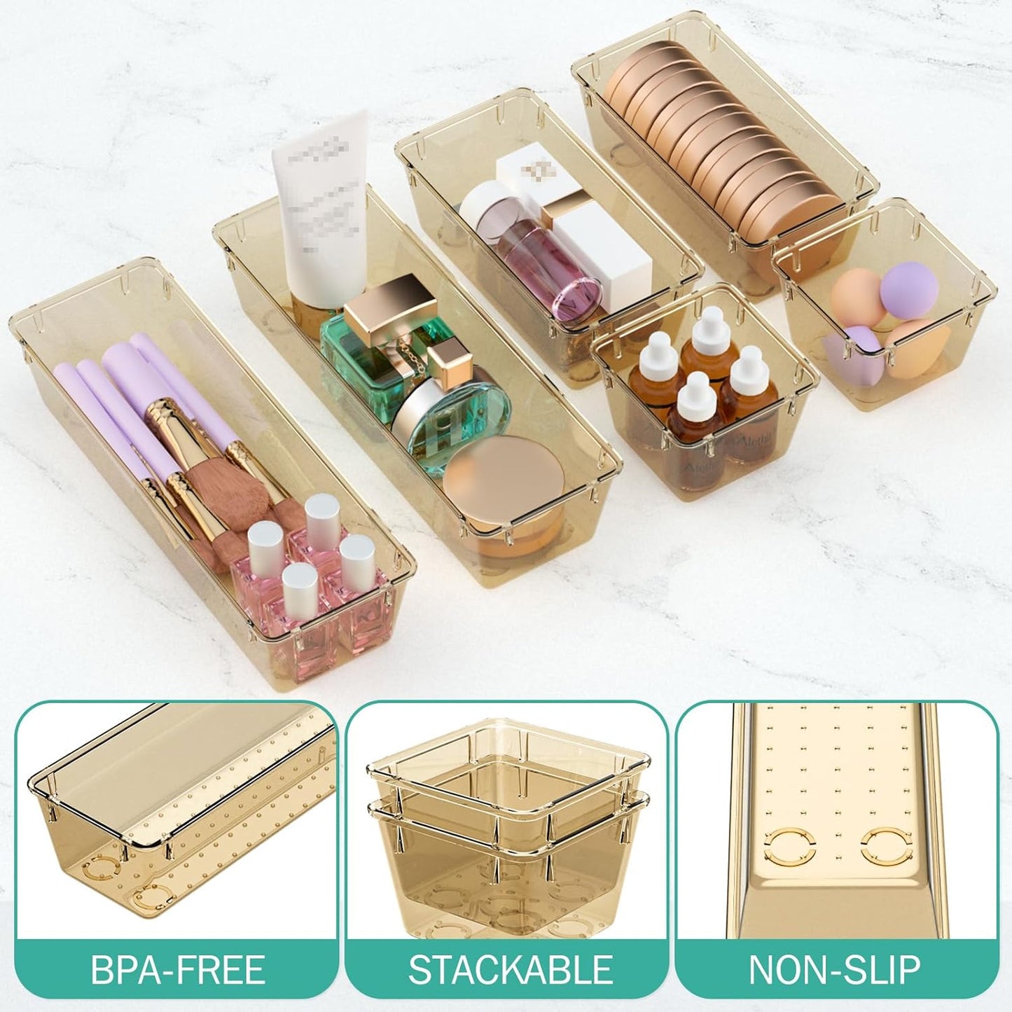 WOWBOX 6 Pack Clear Drawer Organizer Set, Acrylic Drawer Storage Trays, Storage Bins for Makeup, Cosmetics, Jewelries, Utensils, Gadgets, Office