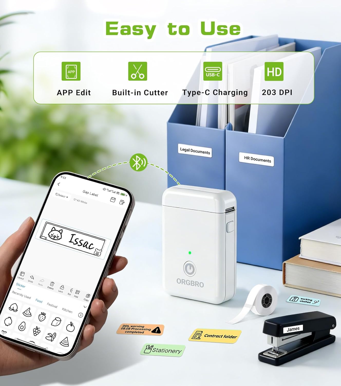 ORGBRO Label Maker Machine with Tape, X1 Portable Bluetooth Mini Label Printer, Support Pre-Cut & Continuous Label, Wireless Small Label Makers with Versatile App for School Home Office Organization