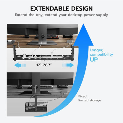 ARES WING 17"-28.7" Extendable Under Desk Cable Management Tray with Cable Slots, Clamp On Cord Organizer Holds Up to 11 lbs, White Metal Under Desk Storage for Office and Gaming Accessories