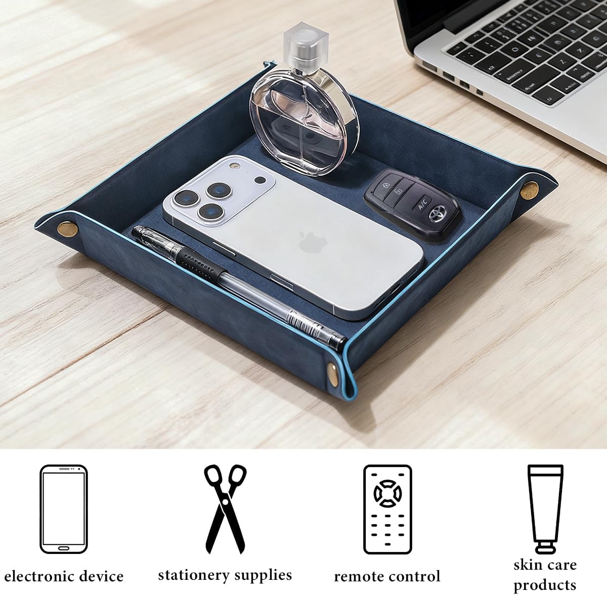 Valet Tray Desktop Storage Organizer – Premium PU Leather Catchall Bedside Vanity Tray Nightstand Caddy Holder for Remote Controller, Keys, Phone, Wallet, Coin, Jewelry,Brown