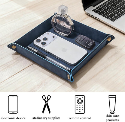 Valet Tray Desktop Storage Organizer – Premium PU Leather Catchall Bedside Vanity Tray Nightstand Caddy Holder for Remote Controller, Keys, Phone, Wallet, Coin, Jewelry,Brown