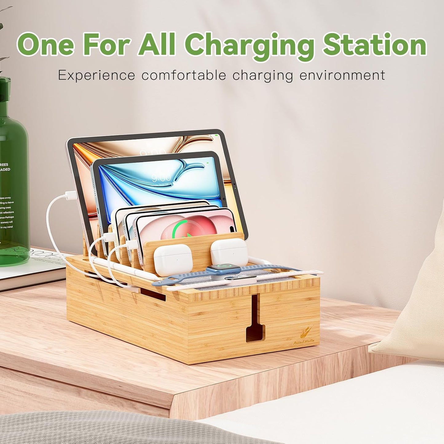 Pezin & Hulin Bamboo Charging Station for Multiple Devices, USB Charger Dock Organizer, with Power Supply (10 Ports HUB), 6 Cables, Cable Management Organizer for Cell Phones, Tablets -Natural+White