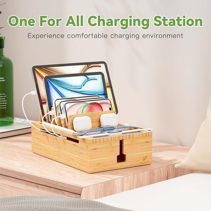 Pezin & Hulin Bamboo Charging Station for Multiple Devices, USB Charger Dock Organizer, with Power Supply (10 Ports HUB), 6 Cables, Cable Management Organizer for Cell Phones, Tablets -Natural+White