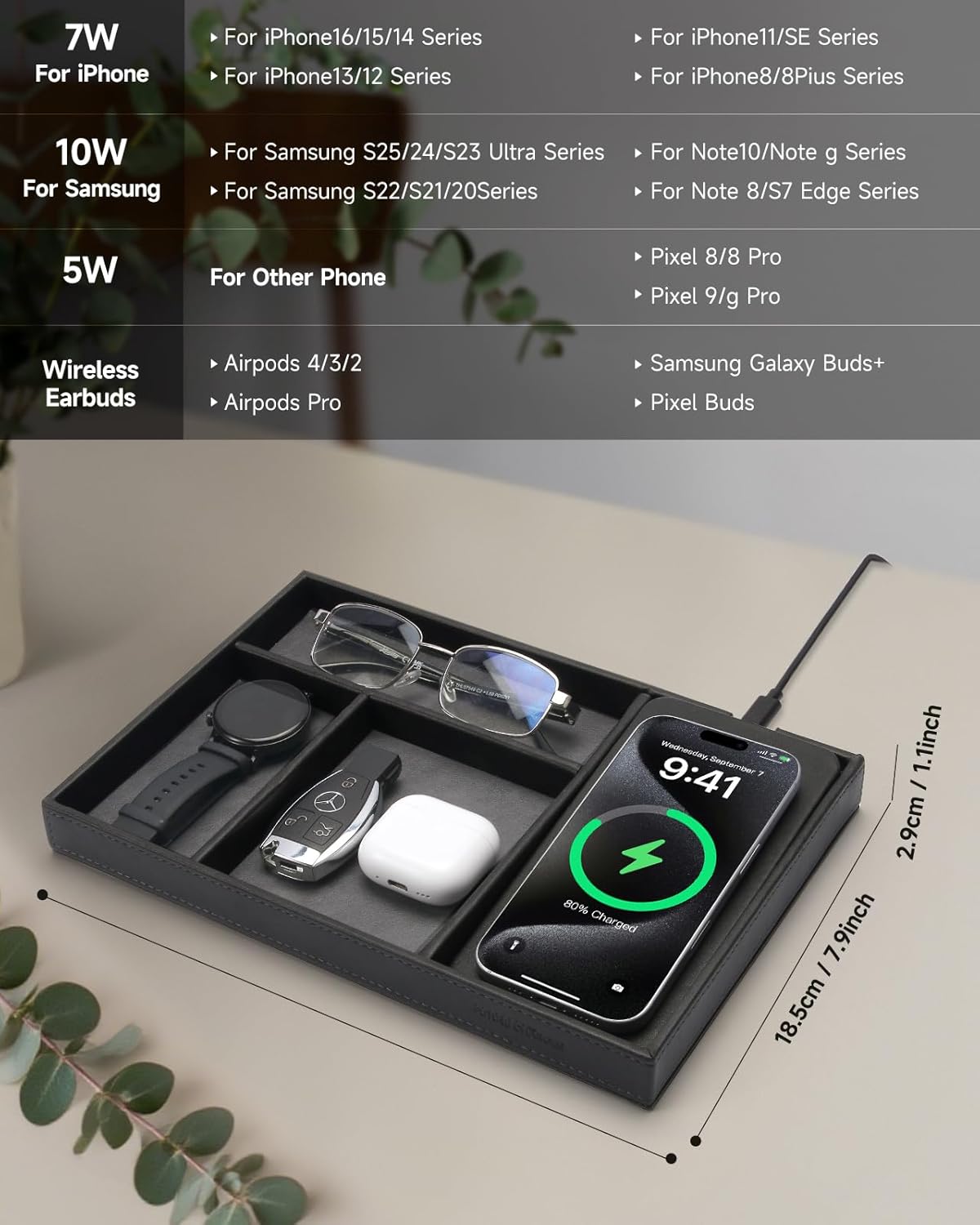 Valet Tray, Built in Wireless Charging Pad, Nightstand Organizer, Dresser Organizer, Mens Jewelry Box, Valet Charging Station, Faux Leather Valet Tray for Men and Women, (Black)