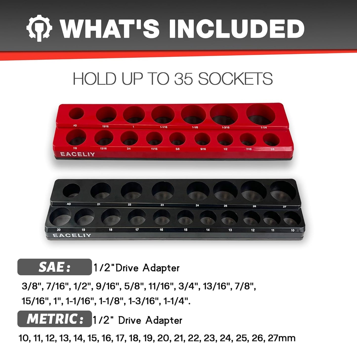 EACELIY 6-Piece Magnetic Socket Organizer Set, 1/2", 1/4" and 3/8" SAE & Metric Deep & Shallow Socket Holder Kit, holds 141 stanard Sockets, attaches to steel box/tool cart (sockets not included)