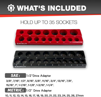 EACELIY 6-Piece Magnetic Socket Organizer Set, 1/2", 1/4" and 3/8" SAE & Metric Deep & Shallow Socket Holder Kit, holds 141 stanard Sockets, attaches to steel box/tool cart (sockets not included)