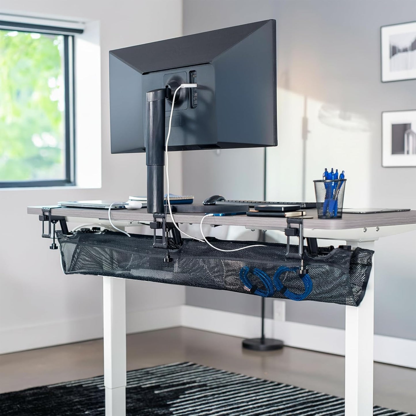 VIVO No Drill Clamp-on 36 inch Mesh Net Under Desk Cable Management Wire Organizer, Adjustable Home Office Standing Desk Cord Storage Sleeve, Black, DESK-AC36MH