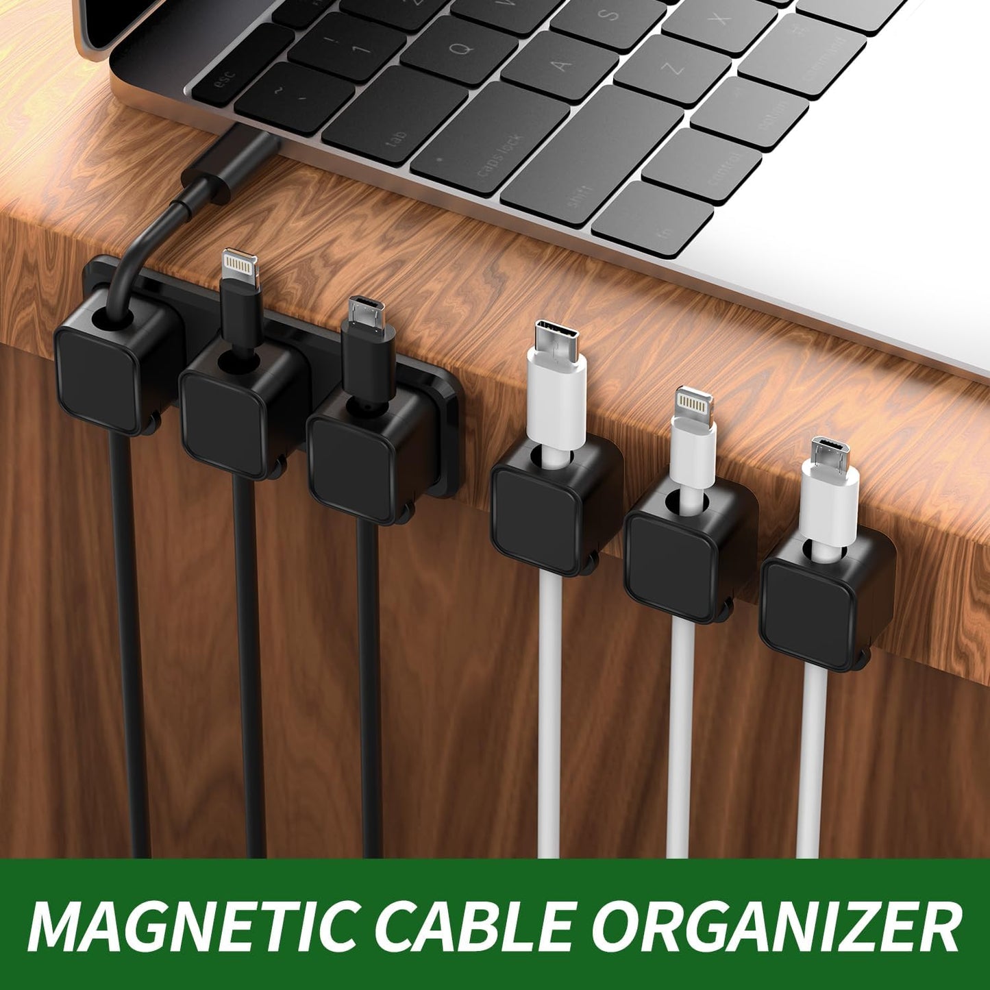 Magnetic Cable Organizer for Desk – Upgraded Wire Clips with Adhesive Base – Desktop Cord Holder for USB, Charging Cables – 6 Clips + 1 Magnetic Base (Black)