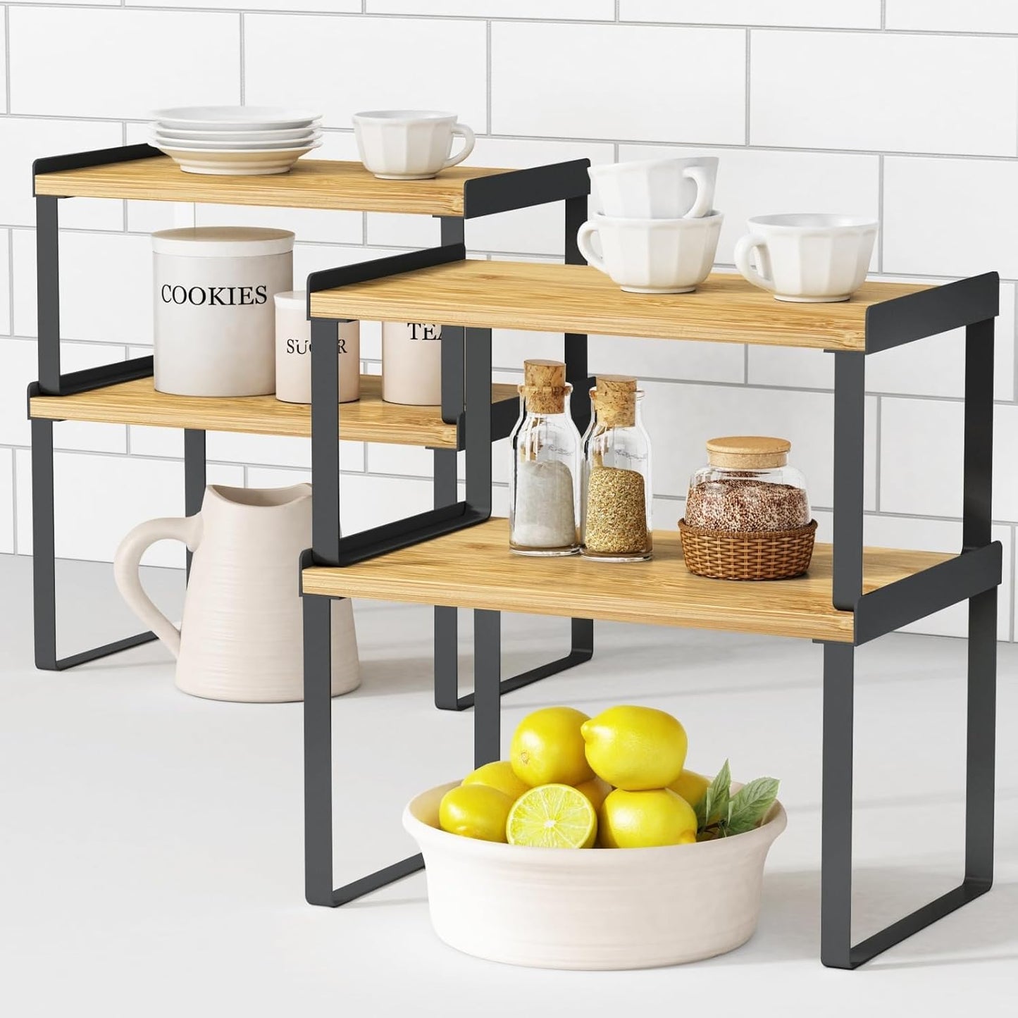 Goozii Kitchen Cabinet Organizer Shelf Set of 4, Large Stackable Pantry Cupboard Countertop Storage and Organizer, Desk Shelf Riser, Spice Plate Cup Expandable Storage Rack (Bamboo White)
